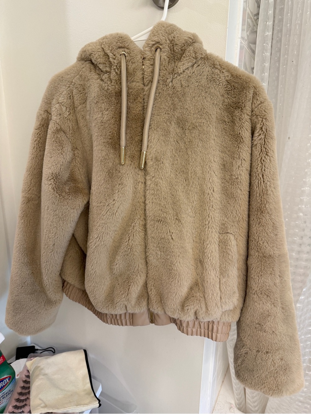 Zara Plush Hooded Teddy Jacket in Taupe